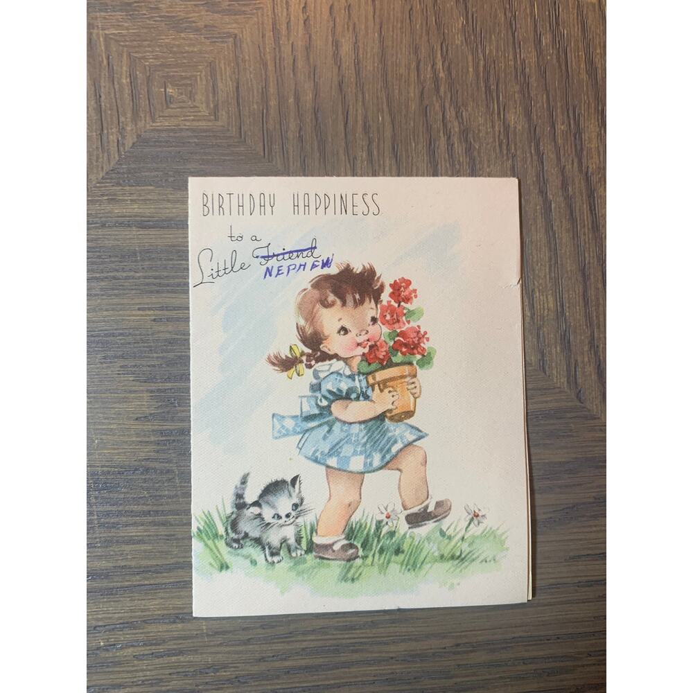 Girl with Kitten Carrying a Flowerpot, Birthday Happiness, 1950s Vintage